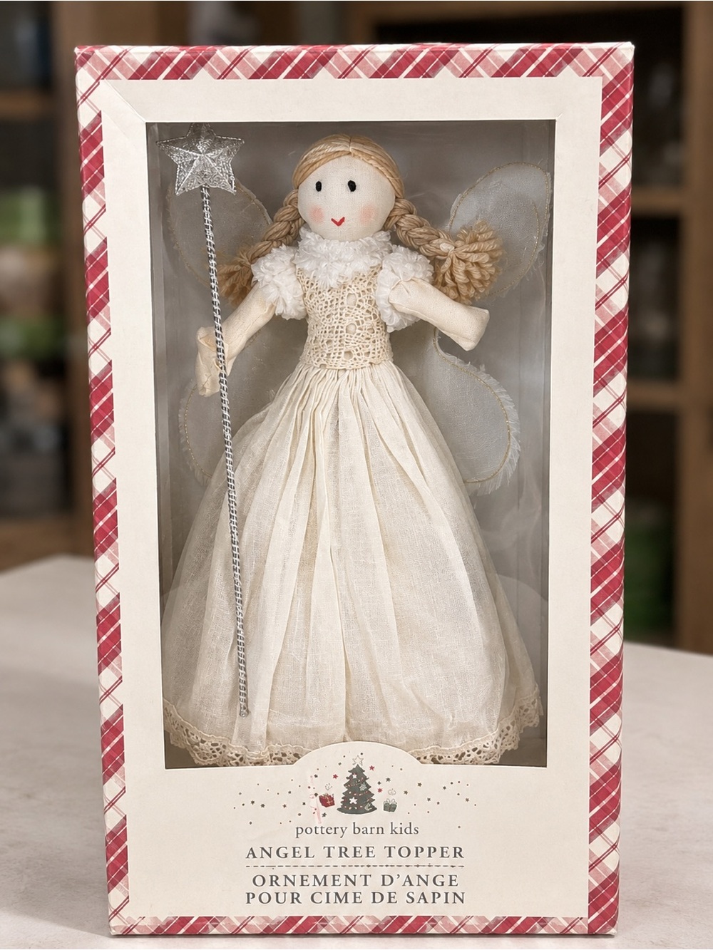 Pottery Barn Kids fabric angel Christmas tree topper red-and-white plaid bow